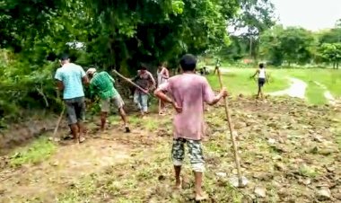 কৃষিমন্ত্ৰীৰ গৃহ সমষ্টিৰ জাপৰি পথাৰত শ্ৰমদান কৰি স্থানীয় লোকে নিৰ্মান কৰিব লগা হৈছে পথ :